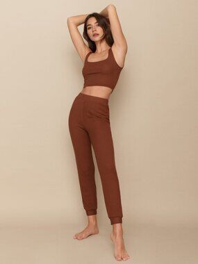 REFORMATION Carmel Brown Ribbed Modal Cropped Tank Jogger Lounge Set, Size XS